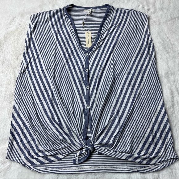 Max Studio Womens Striped Blouse Blue Short Sleeve Button Up Tie Front Large - Picture 3 of 8